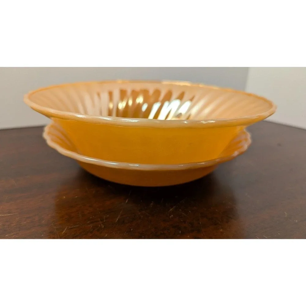 Vintage Anchor Hocking Fire-King Peach Lustre Glass Ribbed Serving Bowls Set 2